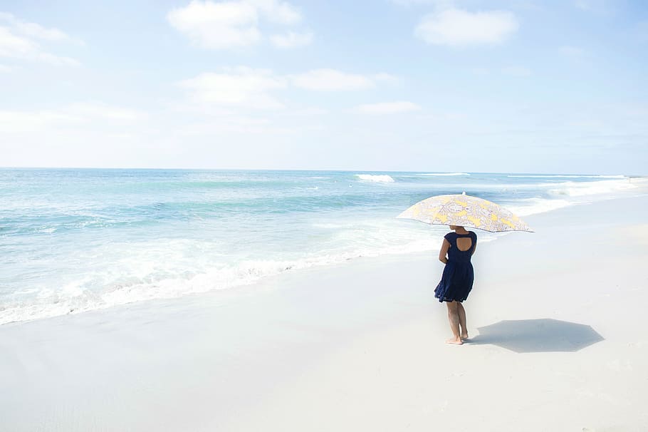 woman standing near shore, beach, coast, sand, summer, sea HD wallpaper
