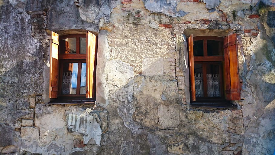 opened brown wooden windows of gray building, shutter, stone HD wallpaper