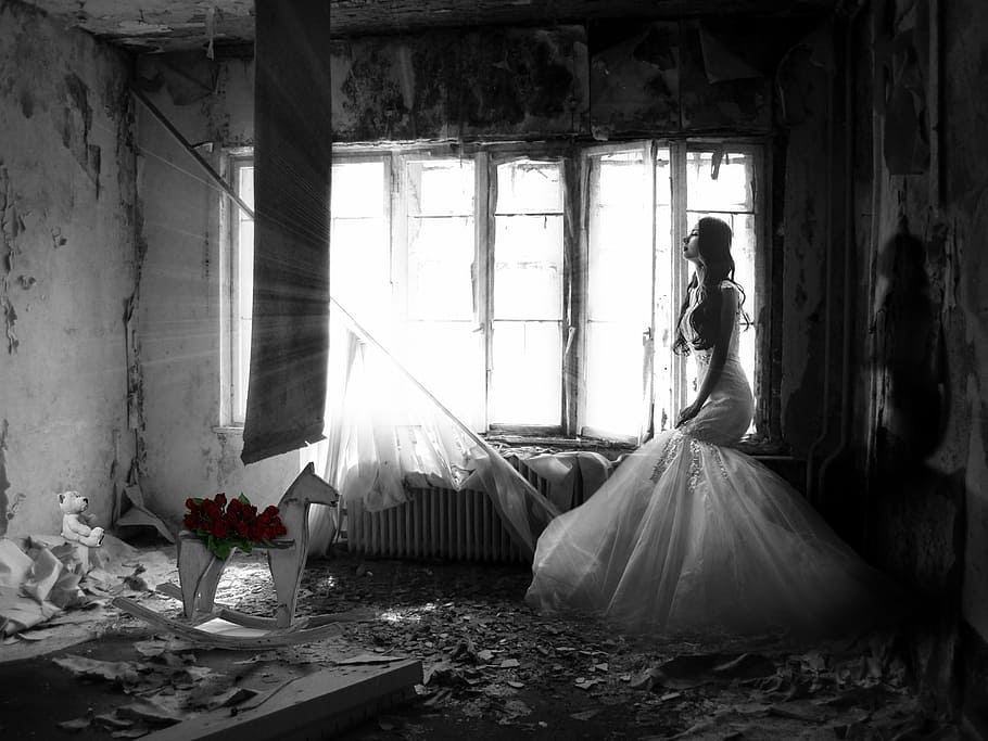 woman in white dress inside dark messy room, sad, wedding, sadness, HD wallpaper