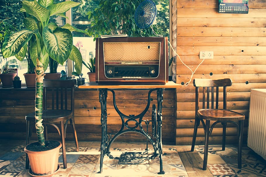 Vintage Barber Shop, brown transistor radio on brown and black table