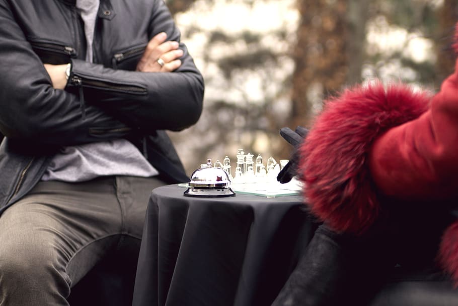 man wearing black leather zip-up jacket, chess, game, play HD wallpaper