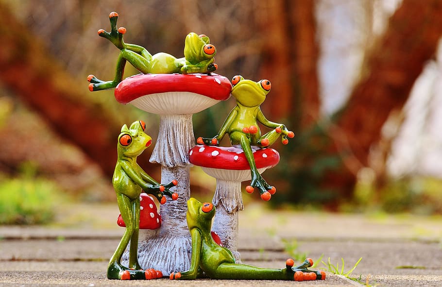 Frogs, Mushrooms, Figures, Cute, funny, animals, sweet, fly agaric, HD wallpaper