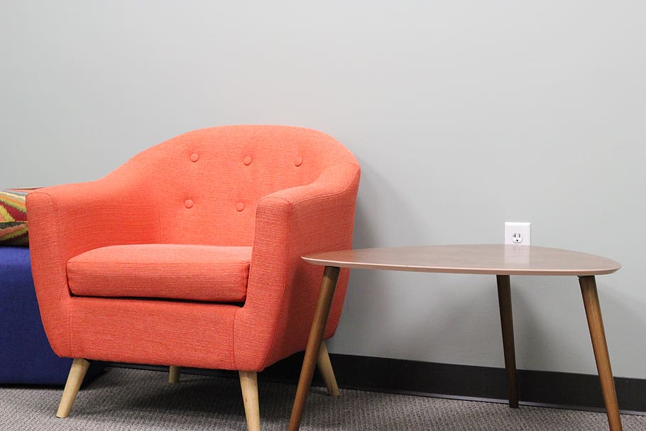 chair, empty, room, table, sit, modern, contemporary, orange HD wallpaper