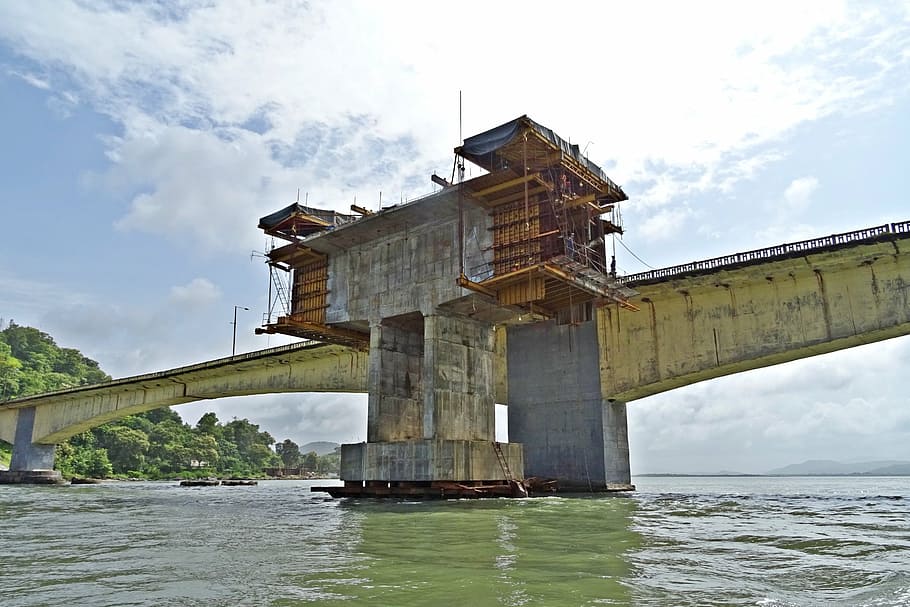 bridge, pillar, tower, estuary, river, kali, crossing, sea HD wallpaper