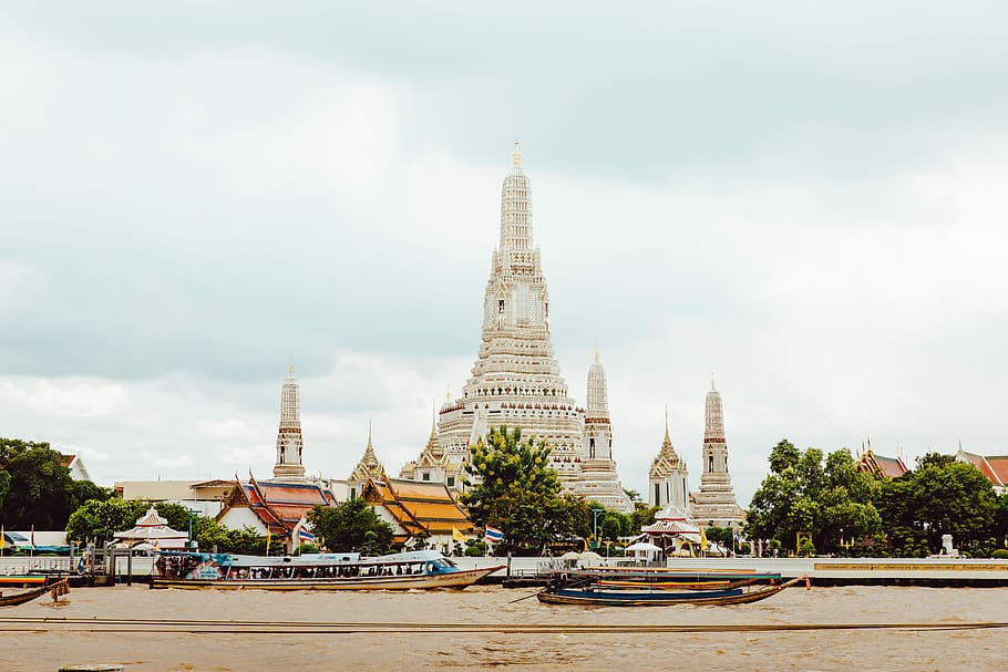 white and gray concrete building under gray sky, white tower temple photograph HD wallpaper