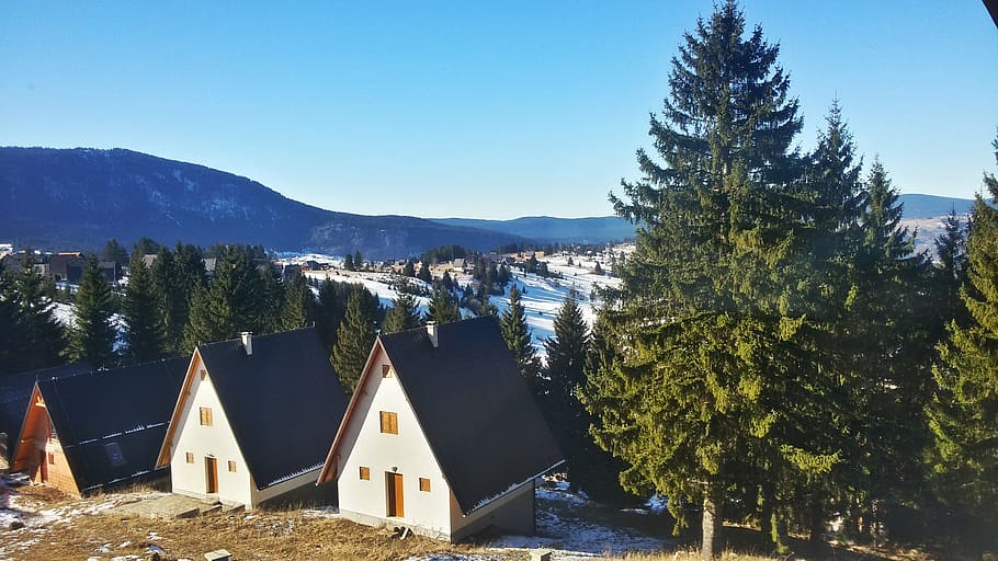 mountain, snow, trees, view, house, nature, blue, outdoors HD wallpaper