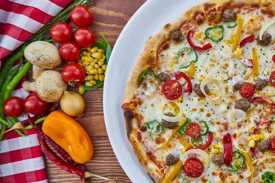 pizza on plate, margarita, dough, baked, hot, mushroom, tomato