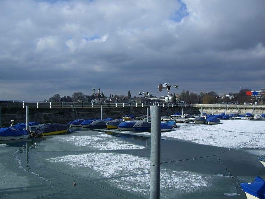 boat harbour, friedrichshafen, ice, boats a dinamic, light, HD wallpaper
