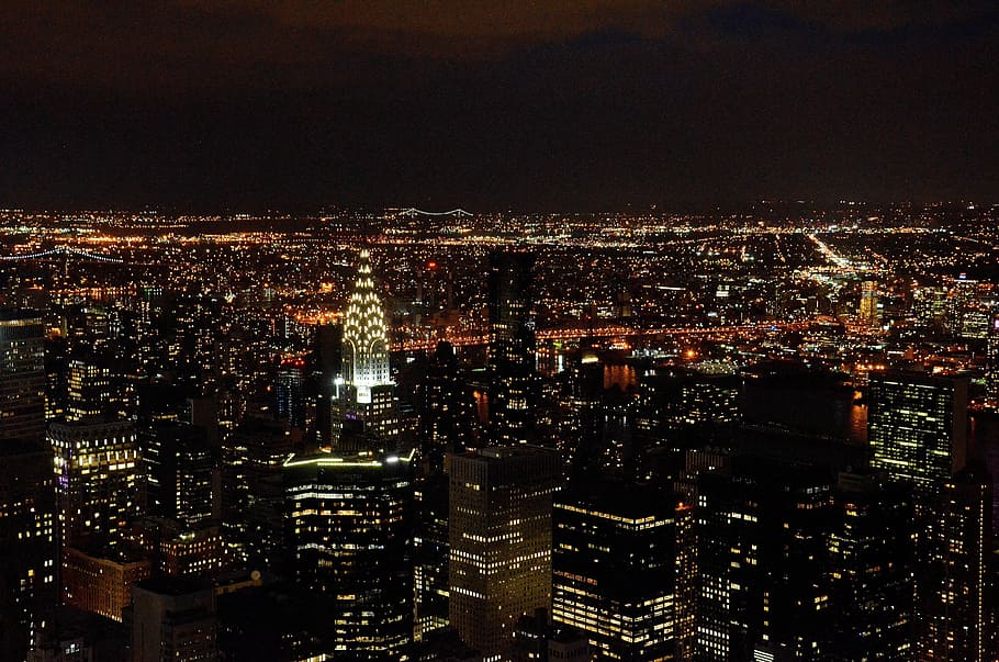 high angle photography of city lights and Chrysler building, new york