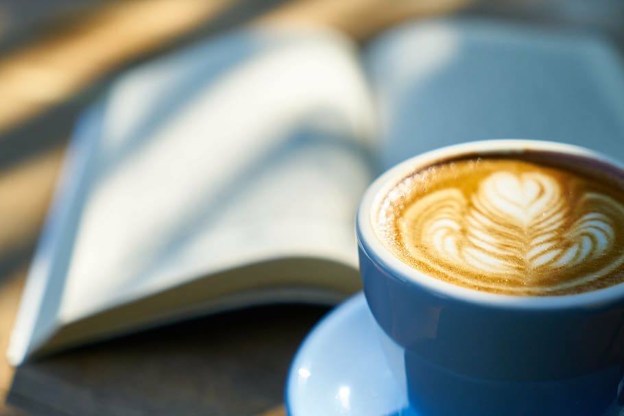 coffee with rosetta latte art, book, fresh, photo, close-up HD wallpaper