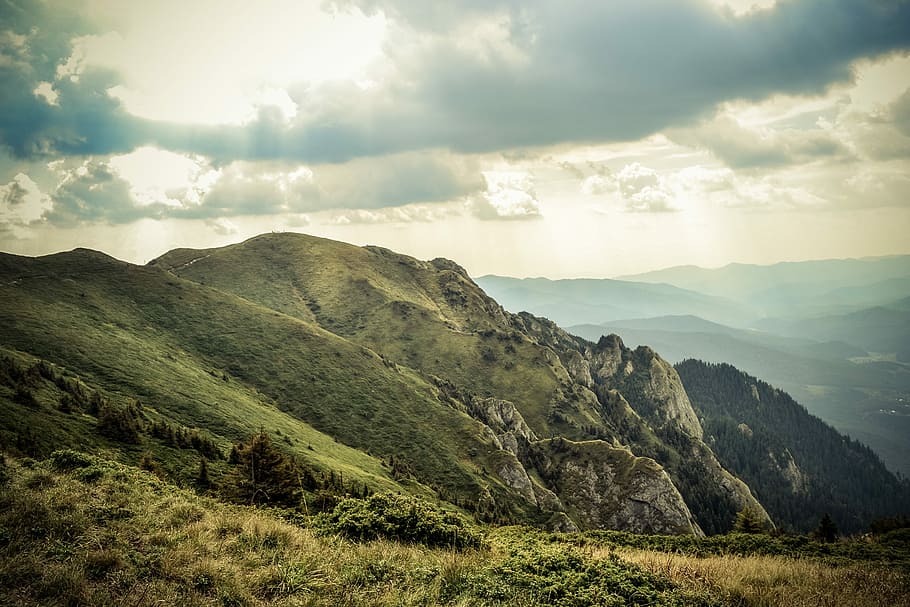 mountains under cloudy sky, panoramic, nature, landscape, travel HD wallpaper