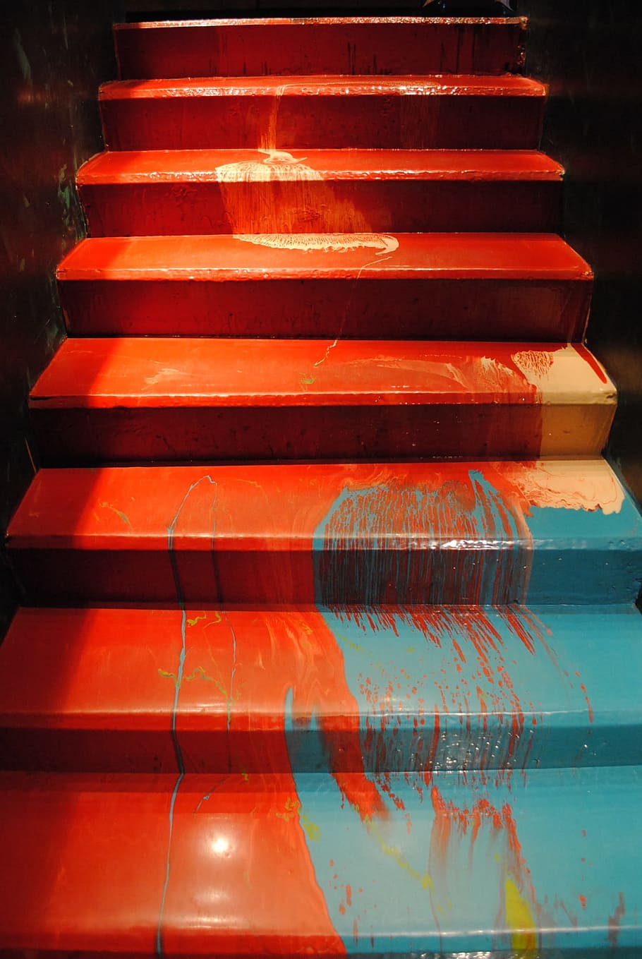 stage, ladder, paint, up, down, lifting, fall, red, blue, abstract HD wallpaper