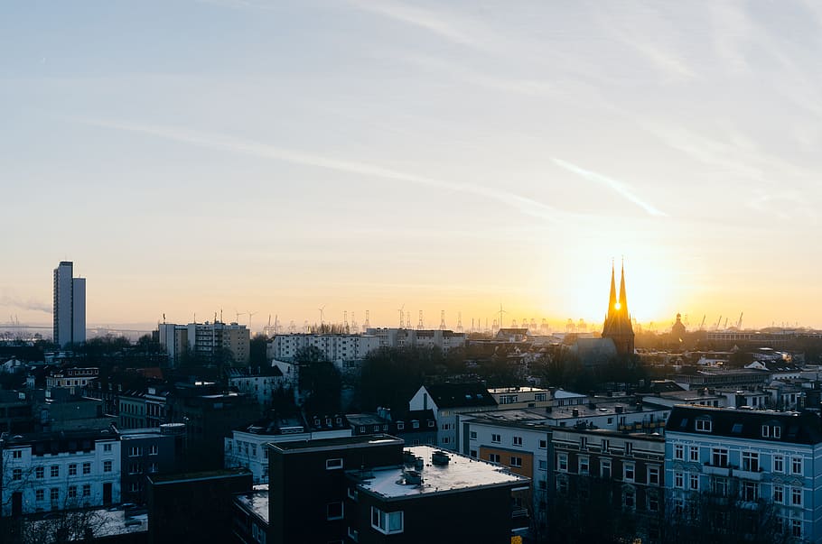Hamburg in winter, architecture and Cityscape, sunset, urban Skyline HD wallpaper