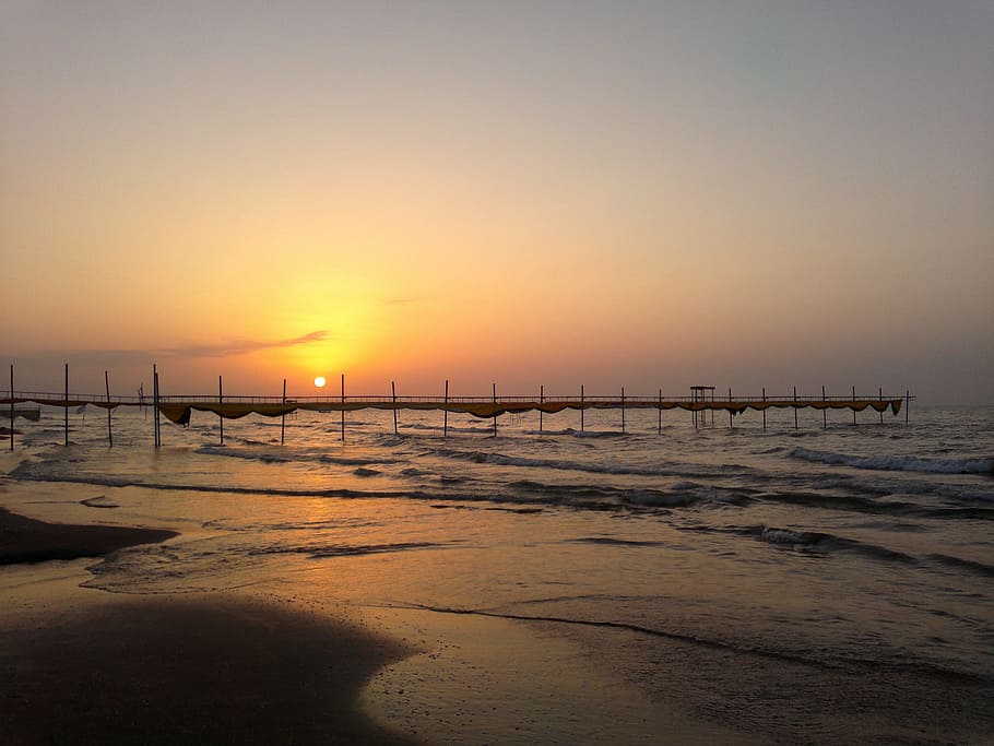 Pier, Twilight, Dusk, Dawn, Sun, Sea, sunset, sky, orange, water HD wallpaper