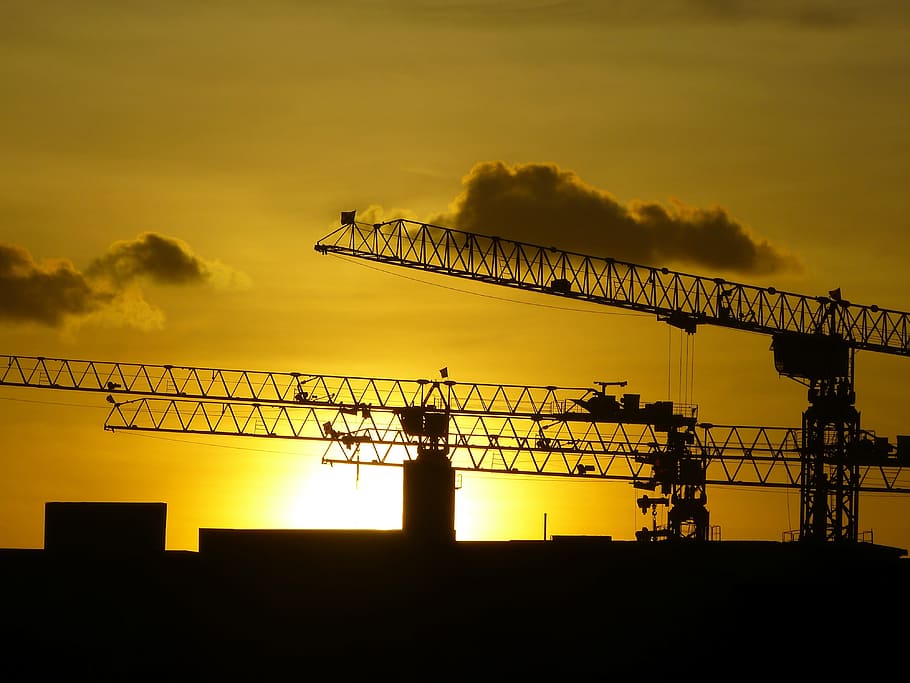 silhouette photography of machine during golden hour, construction, HD wallpaper