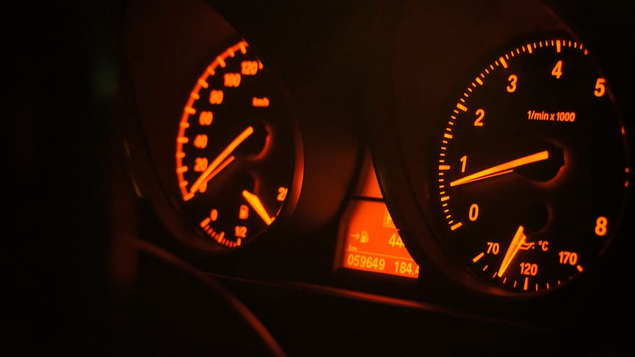 dashboard, car, speedometer, temperature, illuminated, fuel