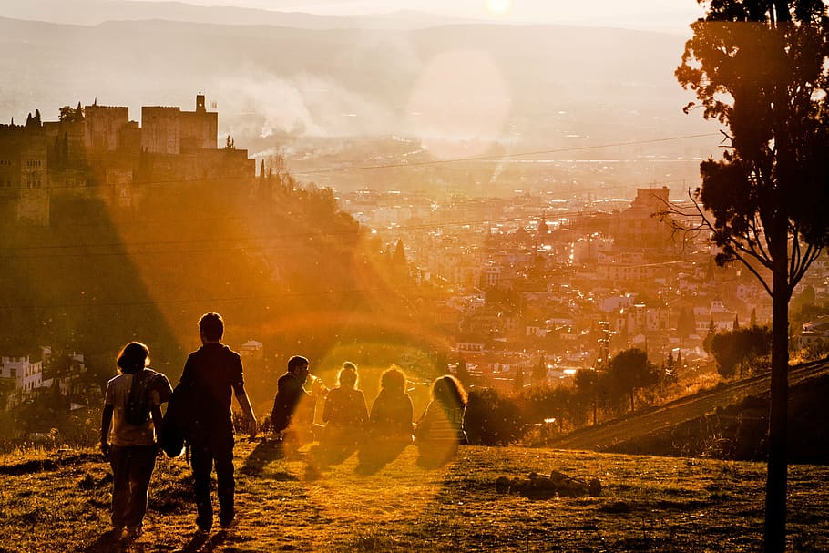 group of people on top of the mountain, sunset, couple, man HD wallpaper