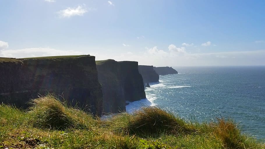 Cliffs, Blue, Green, Landscape, Ireland, water, sky, ocean HD wallpaper