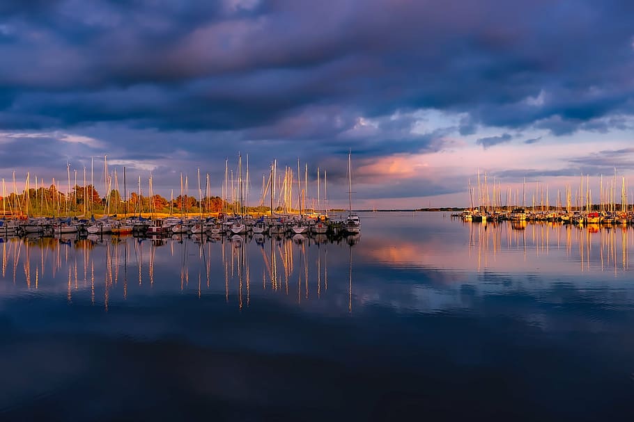boats under gray cloudy sky, denmark, clouds, sunset, dusk HD wallpaper