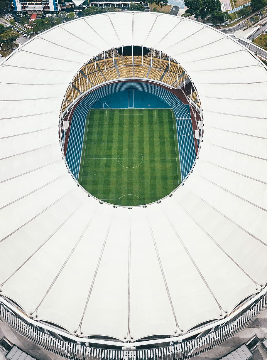 aerial photography of soccer stadium, aerial photography of football field at daytime HD wallpaper