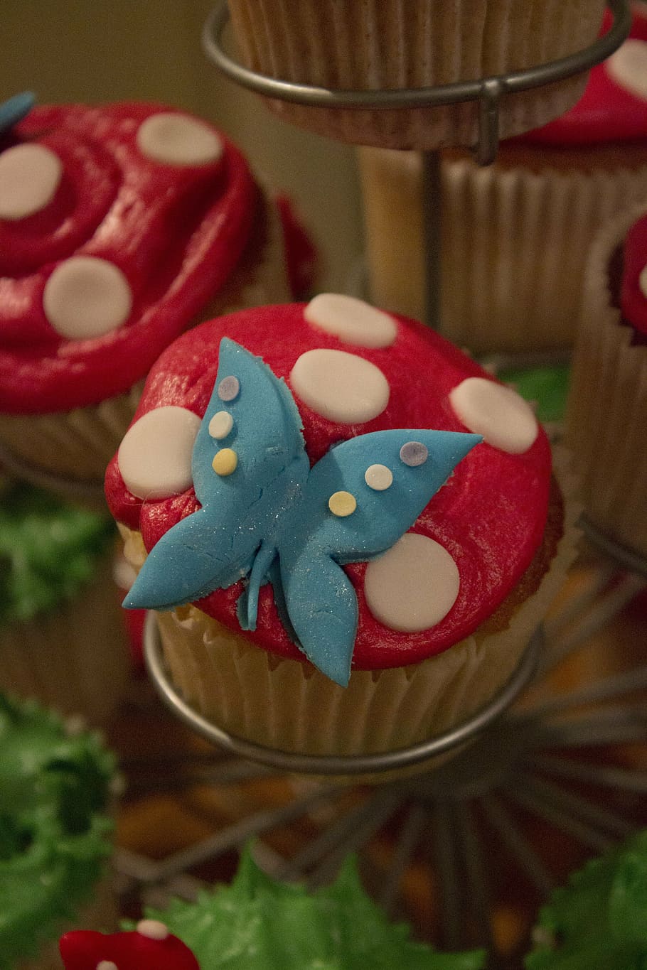 cake, butterfly, icing, red, blue, pudding, cupcake, celebration HD wallpaper