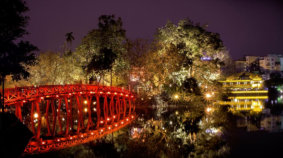 red metal bridge, thue huc bridge, hoan kiem lake, ha noi, vietnam, HD wallpaper