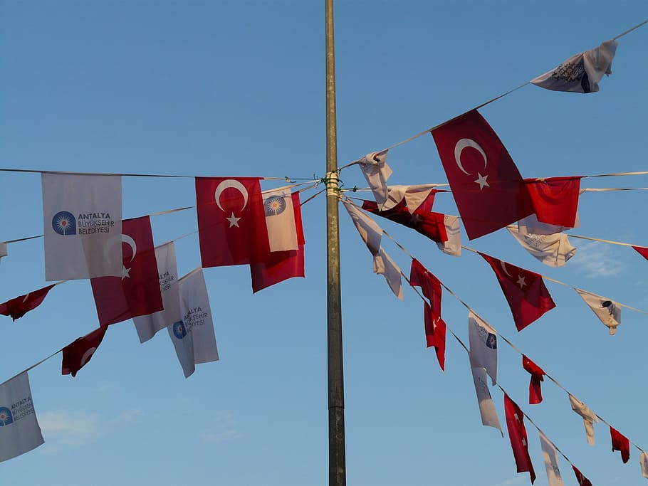 Flags, Pennant, Turkish, Turkey, patriotism, sky, day, red HD wallpaper