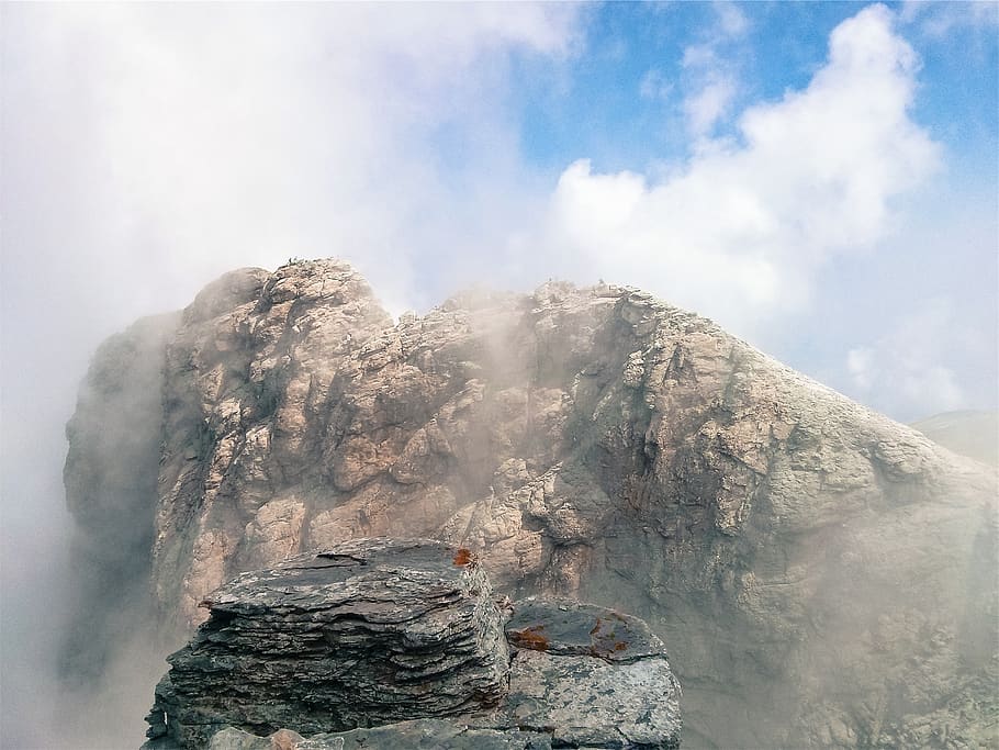 mountains, peaks, cliffs, summit, clouds, sky, cloud - sky HD wallpaper