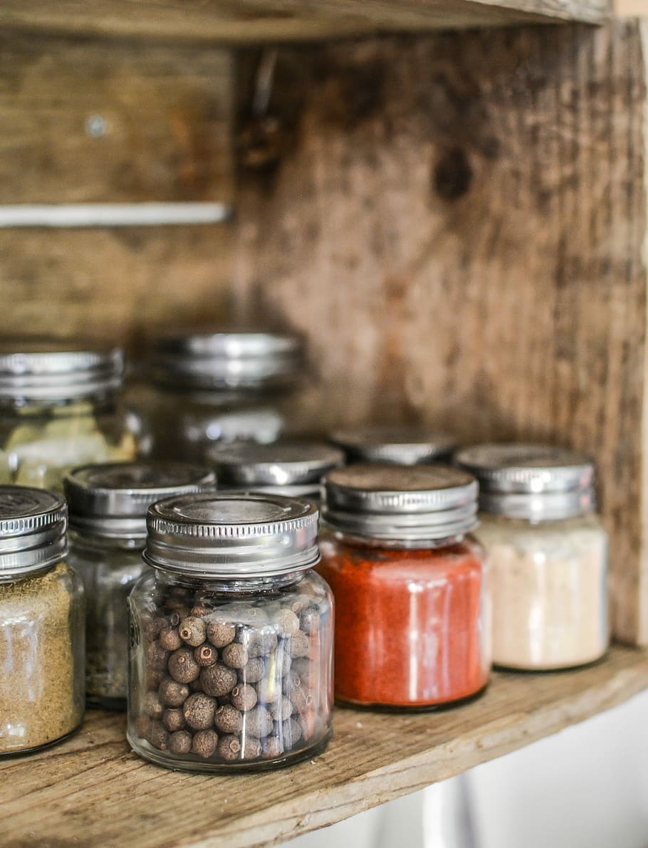 condiment containers on brown wooden rack, Spices, Shelf, Jar, HD wallpaper