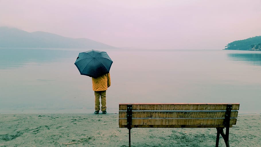 beach, bench, dawn, lake, landscape, leisure, man, mountains HD wallpaper