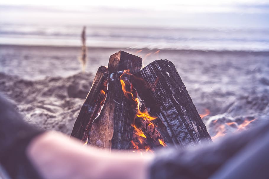 Beach Camping Fire Close Up, nature, sea, outdoors, people, one Person, HD wallpaper
