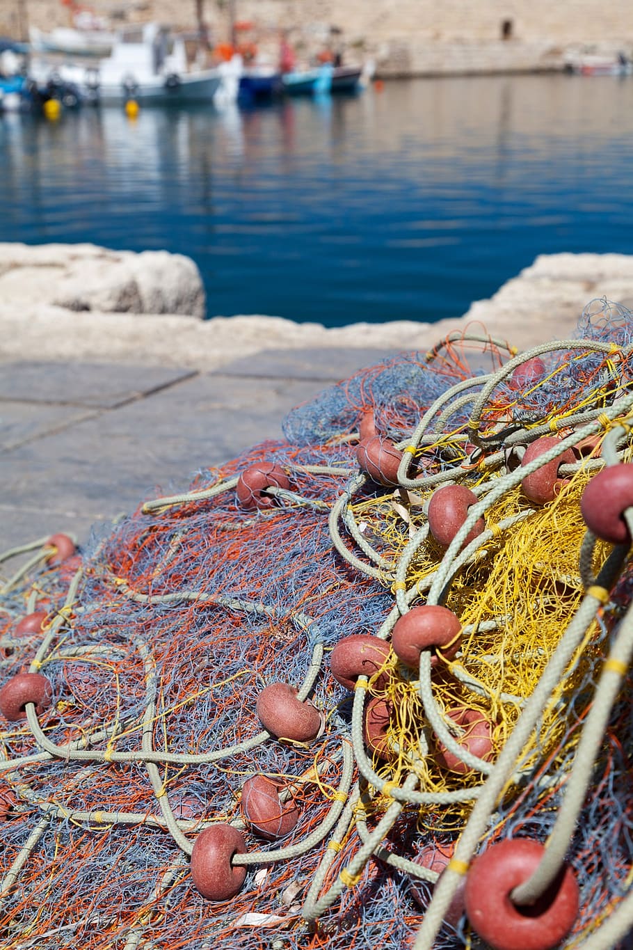 fishing net, harbor, boat, marine, port, ocean, equipment, sea HD wallpaper