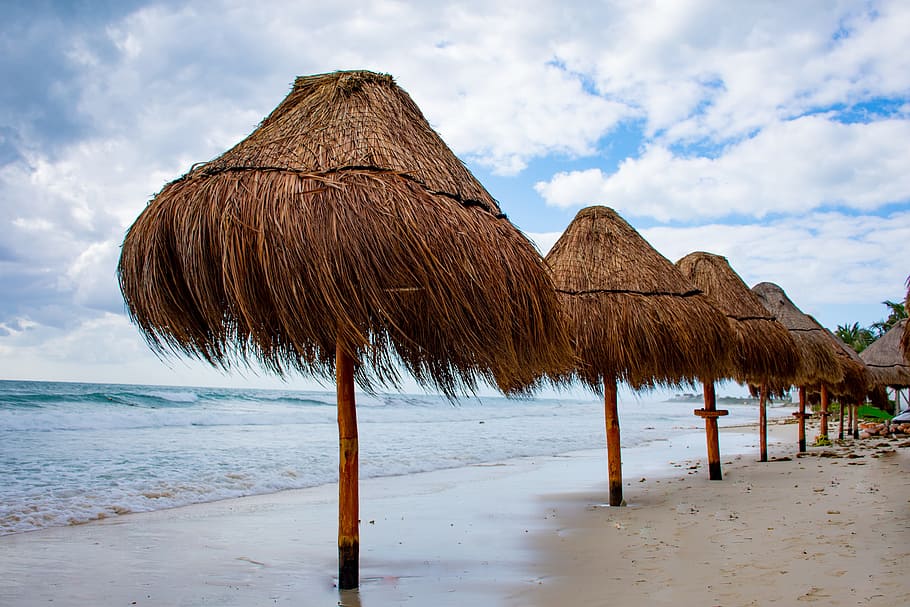 Beach, Vacation, Relaxation, thatched roof, sand, nature, sea HD wallpaper