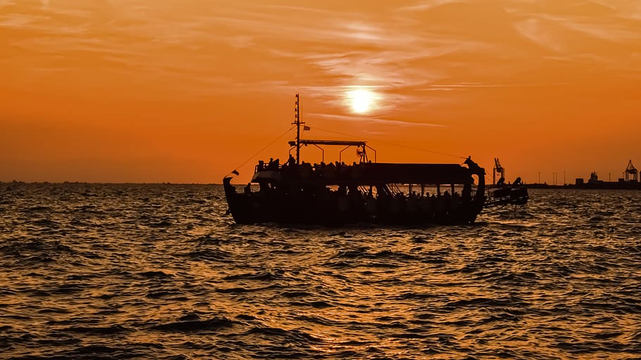 sunset, port, ship, boat, sky, clouds, orange, dusk, afternoon HD wallpaper