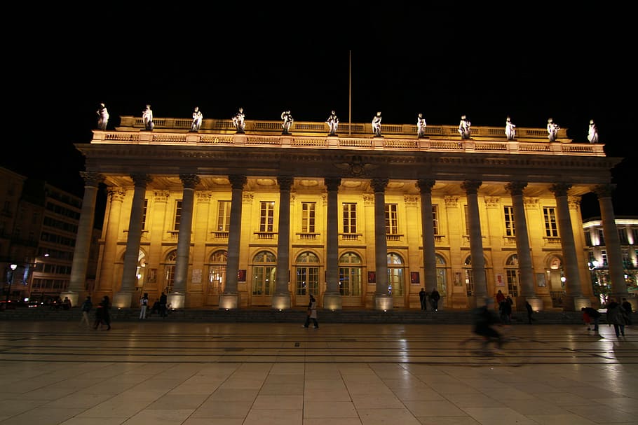 people in front of concrete building during night time, lit HD wallpaper