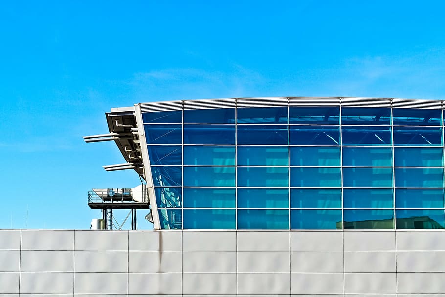 white metal frame building with blue glass panes, architecture HD wallpaper