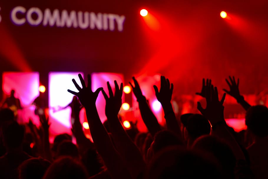 silhouette of people raising their hands, audience, crowd, event HD wallpaper