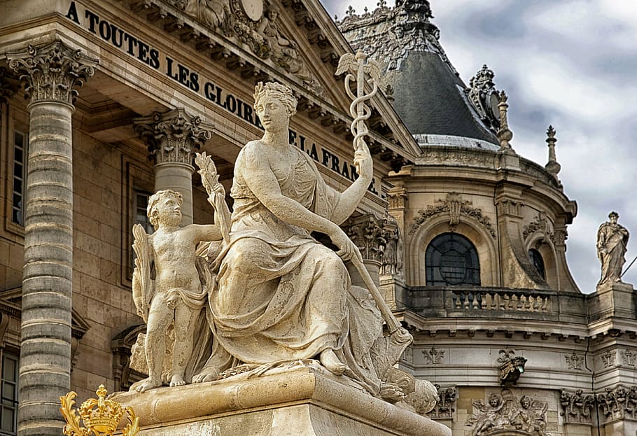 Landmark photo, paris, france, versailles palace, statue, sculpture, HD wallpaper