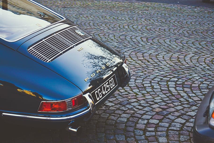 blue Porsche parked near vehicle, car, bricks, plate, number HD wallpaper