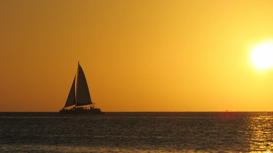sunset, caribbean, beach, scene, orange color, sailboat, sea HD wallpaper