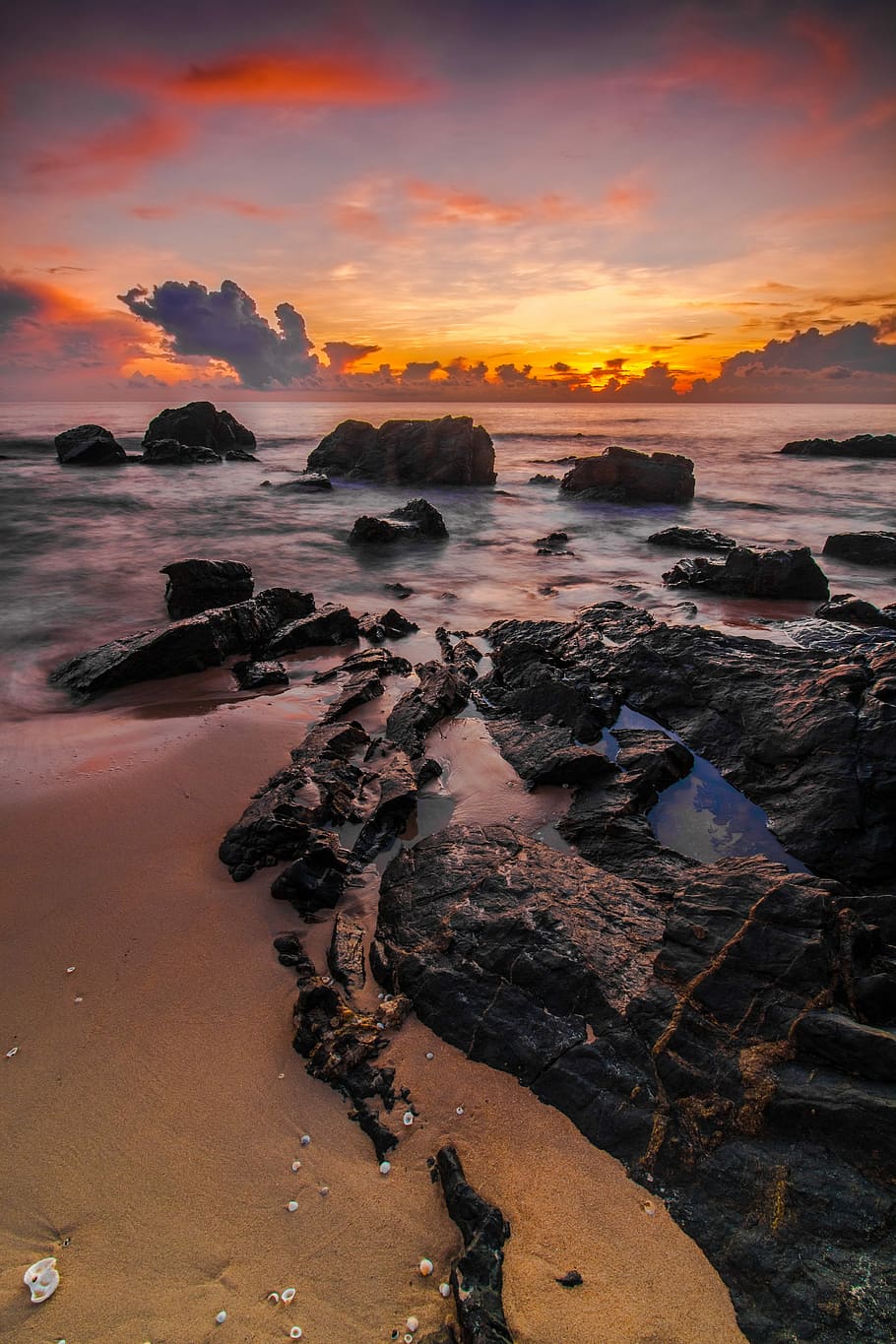 sunset, water, seashore, beach, dusk, ocean, outdoors, landscape HD wallpaper