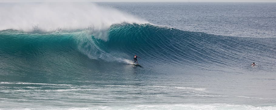 person surfing on wave during daytime, big waves, ombak tuju coast, HD wallpaper