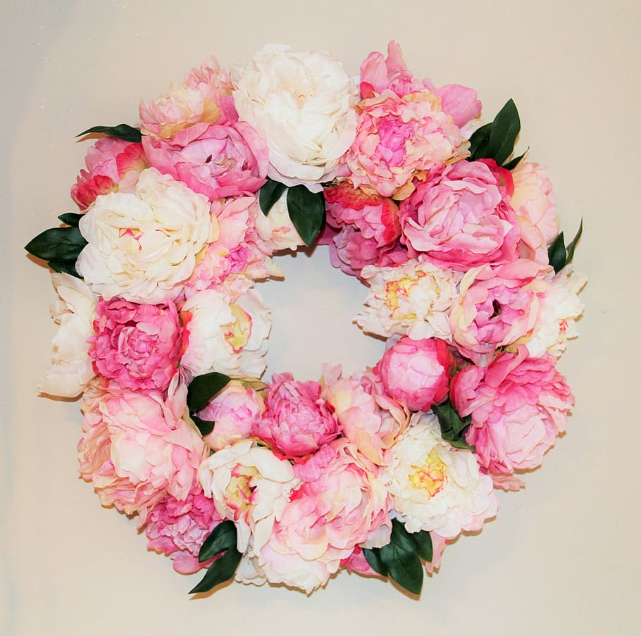 close-up photo of pink and white peonies wreath, pink, white, and green, HD wallpaper