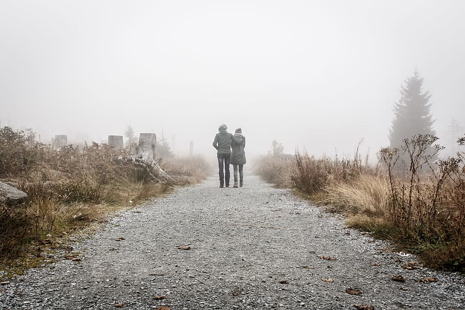 two person walking on gray road, two person walking together