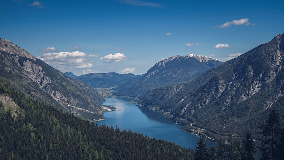 aerial view of mountains, gray mountain and lake, river, alpine HD wallpaper