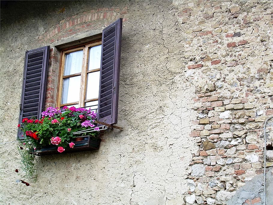 brown wooden window, italy, balcony, tuscany, bricks, purple, HD wallpaper