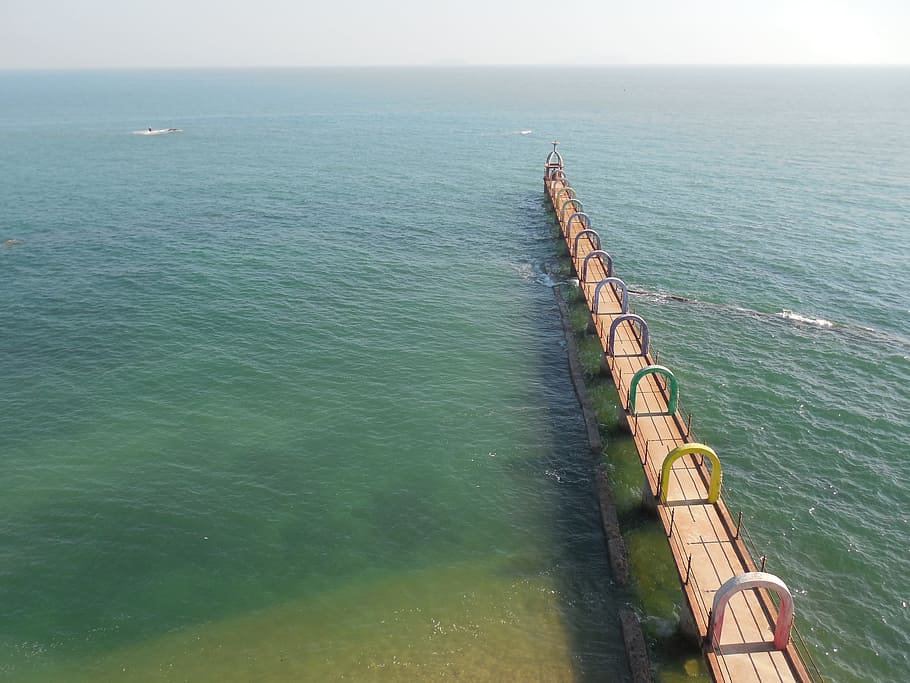Ocean, Bridge, Beach, Waves, Water, travel, bay, blue, coast HD wallpaper