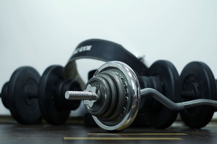 photo of black and gray barbell and dumbbell, sport, exercise