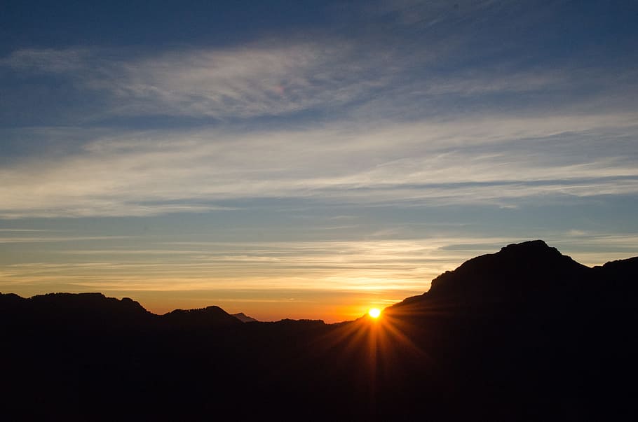 mt, sunrise, clouds, sky, sunset, silhouette, beauty in nature HD wallpaper