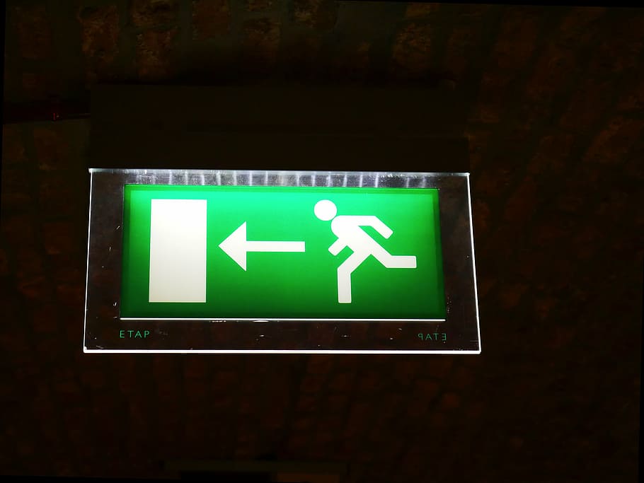 emergency exit, output, escape, flights, board, light board HD wallpaper